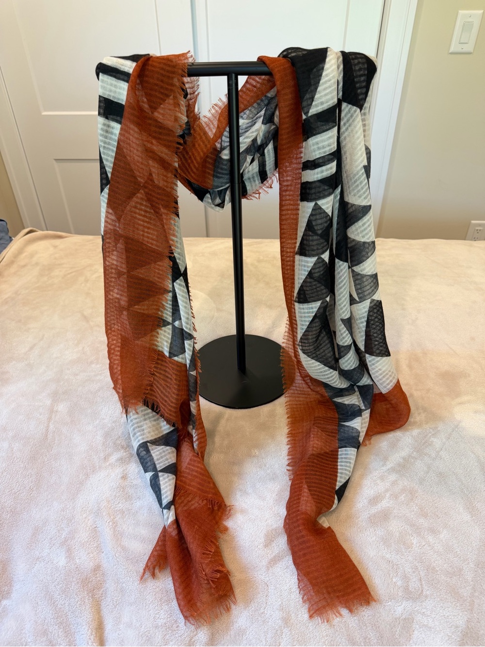 World Market Black, White & Rust Geometric Fringe Scarf